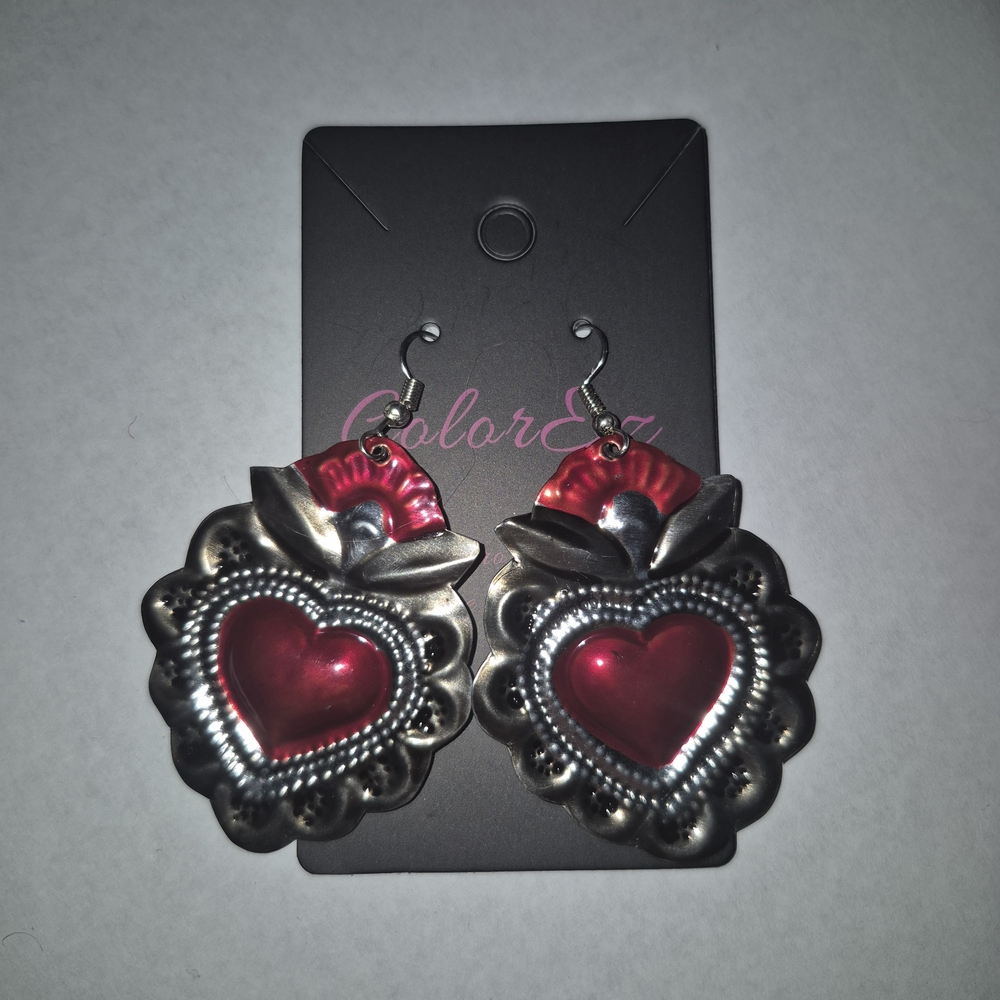 Heart-Shaped Red and Silver Earrings